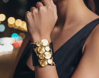 Handmade Wide Leather Cuff Bracelet – Atlas – Gold Hammered Disc Detail – Luxury Statement Jewelry Gift for Women