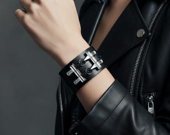 Handmade Black Leather Cuff Bracelet – Mino – Wide Leather Cuff with Anthracite Hardware and Crystal Detail – Jewelry Gift for Women