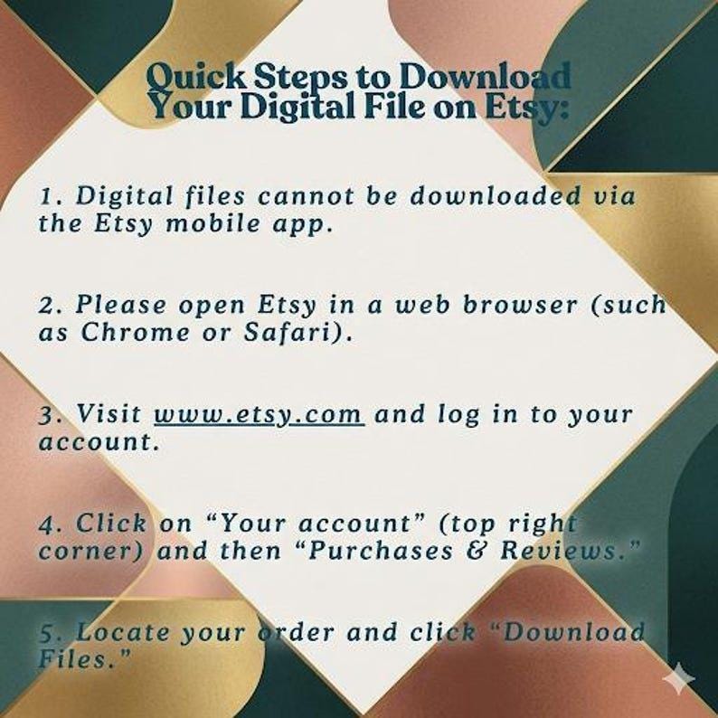 K&ouml;nnte beinhalten: Eine Anleitung zum Herunterladen digitaler Dateien auf Etsy, vor einem geometrischen Hintergrund. Der Text erkl&auml;rt, wie man Dateien herunterl&auml;dt, beginnend mit dem &Ouml;ffnen von Etsy in einem Webbrowser und dem Aufrufen von "K&auml;ufe & Bewertungen".