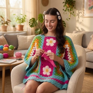 May include: A colorful, handmade crochet top with a floral design. The top features a square pattern with white flowers on a pink background, bordered by blue, green, orange, and yellow. The person is sitting in a chair and crocheting with a crochet hook.