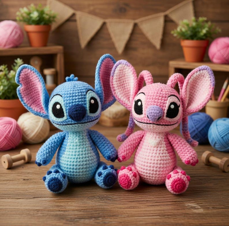 K&ouml;nnte beinhalten: Zwei handgefertigte H&auml;kelpuppen, eine blaue und eine rosa, sitzen nebeneinander auf einer Holzoberfl&auml;che. Die blaue Puppe hat gro&szlig;e Ohren mit rosa Akzenten, w&auml;hrend die rosa Puppe &auml;hnliche Merkmale aufweist. Beide Puppen haben schwarze Augen und sind mit detaillierten N&auml;hten gefertigt.