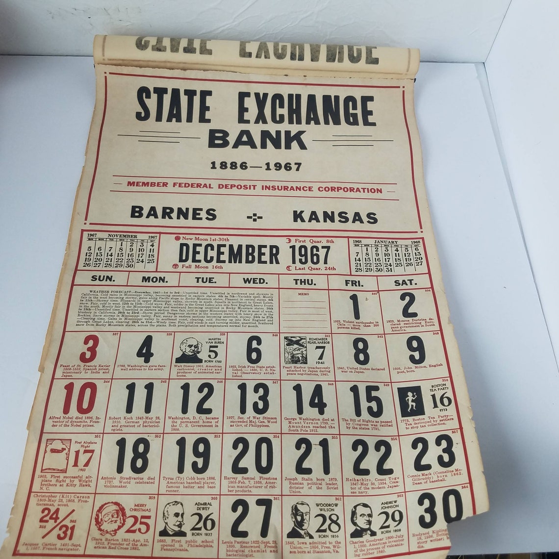 Vintage Wall Calendar Advertising State Exchange Bank 1967 Etsy