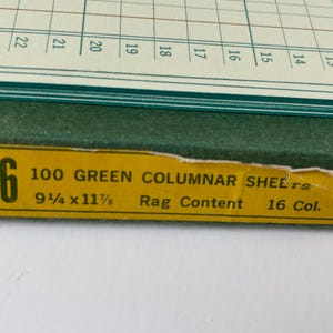 May include: A close-up of a green columnar sheet pad with a yellow label. The label reads "100 GREEN COLUMNAR SHEETS" and lists dimensions of 9 1/4 x 11 7/8 inches. The pad has a grid pattern and numbered columns.