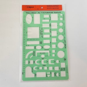 May include: A green Timely No. T-132 furniture template with various shapes and measurements. The template includes shapes for tables, chairs, and sofas, with measurements in inches. The top has an orange label with the Timely logo.
