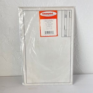 May include: A package of Clearprint engineering vellum sheets. The orange label indicates the vellum is 16 lb traditional, contains 10 sheets, and measures 11" x 17" (279mm x 432mm). The vellum is packaged in a clear plastic sleeve.