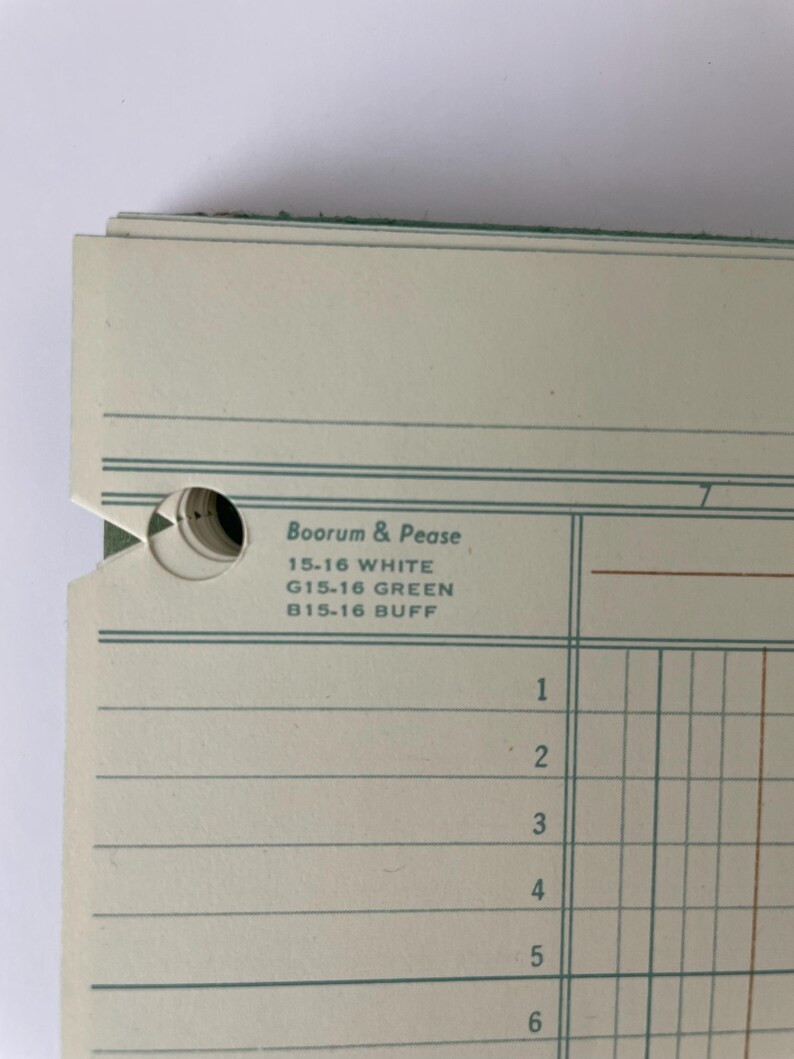 May include: Close-up of a stack of ledger paper with a green border. The paper has horizontal and vertical lines, creating a grid. Text includes "Boorum & Pease" and color codes: "15-16 WHITE", "G15-16 GREEN", and "B15-16 BUFF".