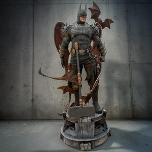 May include: A detailed Batman action figure standing on a circular base, wearing a dark suit with spiked shoulder armour and a grid-patterned chest plate. The figure holds a long staff with a heavy hammer head and features large, dark bat-like wings.