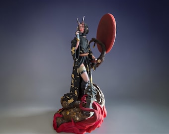 Figura de samurái de fantasía, coleccionable, ilustración de videojuegos, cuernos