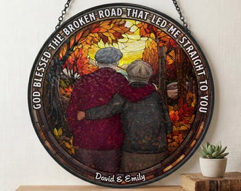 Personalized Old Couple Stained Glass Suncatcher, From Our First Kiss to Our Last Breath Window Hanging, Anniversary Gift for Husband Wife
