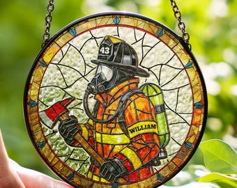 Personalized Honor Brave Firefighters Tribute To Courage Round Window Hanging Stained Glass, Custom Name Gift For Firefighter Families