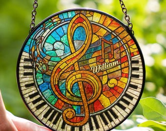 Personalized Your Love for Music with Vibrant Piano and Treble Clef Round Window Hanging Stained Glass, Custom Name Gift for Music Lovers