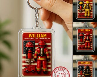 Personalized 3D Firefighter Acrylic Keychain, Custom Father’s Day Gift for Dad in Fire Department, American Flag Firefighter Keyring Gift