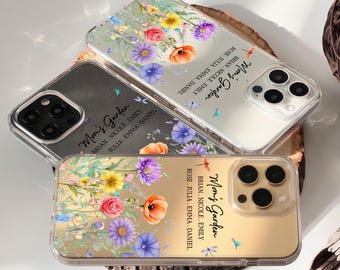 Custom Grandma's Garden with Grandkid Birth flower Clear Phone Case, Personalized Mother's Day Birthday Gifts For Mom, Nana, iPhone 17 16 15