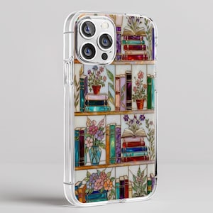 Stained Glass Book Spine Floral Bookshelf Clear Phone Case, Book Lover Gift, Bookish floral phone case for iPhone 17 16 15 14 13 12 11
