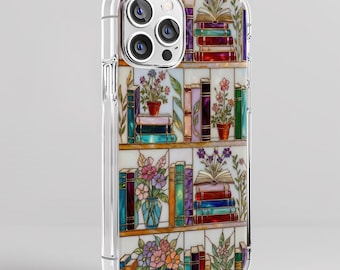 Stained Glass Book Spine Floral Bookshelf Clear Phone Case, Book Lover Gift, Bookish floral phone case for iPhone 17 16 15 14 13 12 11
