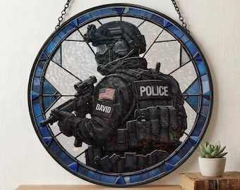Personalized Police Round Window Hanging Stained Glass Suncatcher, Father's day Gift For Dad Police Officers, Custom Name Police Suncatcher