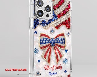 Personalized 4th Of July Jeweled Bow Clear Phone Case,  Custom Name Patriotic Gift, US Commemorative Gift, Phone Case for iPhone 17 16 15 14