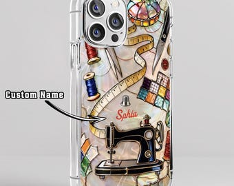 Personalized Sewing Machine Clear Phone Case, Custom Name Gift for Seamstresses, Craft Lover Gift, Phone Case for iPhone 17 16 15 14 13 12