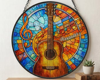 Personalized Guitar Round Window Hanging Stained Glass, Music Is The Language Of The Soul Suncatcher, Custom Name Gift For Music Lovers