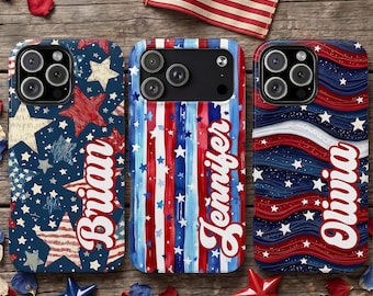Personalized 4th Of July American Flag Tough Phone Case, US Commemorative Gift, Custom Name Patriotic Gift for iPhone 17 16 15 14 13 12 11
