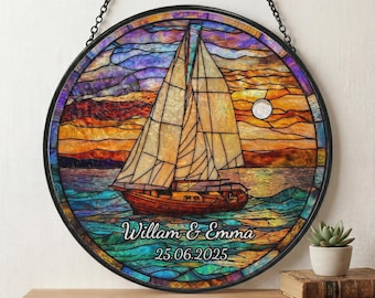 Personalized Beach Sunset Boat Round Window Hanging Stained Glass, Custom Name Wedding Gift, Groom Mr & Mrs Couples Gift Bridal Shower Gift