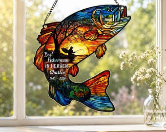 Personalized Best Fisherman In Heaven Stained Glass Suncatcher, Fishing Memorial Gift, Custom Bass Fish Decor, Loss of Father Remembrance