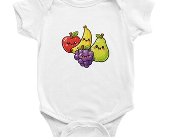 May include: White baby bodysuit featuring a colorful graphic of smiling cartoon fruits: an apple, banana, grapes, and pear. The bodysuit is made of soft fabric and has short sleeves and a snap closure.