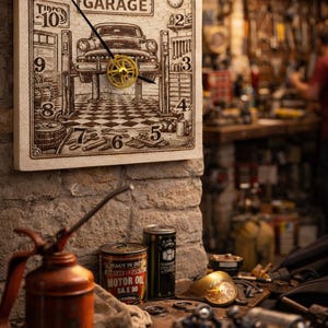 May include: Square wooden wall clock with a vintage garage theme. The clock face features an illustration of a classic car in a garage setting, with the word "GARAGE" at the top. The clock has a gold gear in the center and black hands. The clock is mounted on a brick wall.