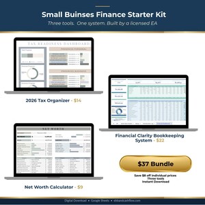 Könnte beinhalten: Ein Bild, das ein Finanz-Starter-Kit für kleine Unternehmen zeigt, das aus drei Tools besteht: einem Steuerorganisator, einem Nettovermögensrechner und einem Buchhaltungssystem. Das Kit wurde von einem lizenzierten EA erstellt. Sofortiger Download.