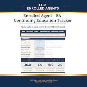 May include: A digital tracker for Enrolled Agents, detailing continuing education. The document includes sections for profile information, cycle status, and CE hours. Text includes "EBB AND CASH FLOW" and "ebbandcashflow.com".