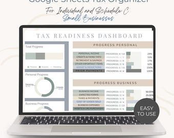May include: A laptop displaying a 2026 tax planner dashboard. The screen shows progress bars for personal and business income, with the text "Google Sheets Tax Organizer" and "Easy to Use."