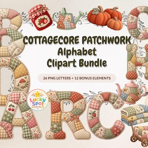 Pode incluir: Um pacote de clipart digital com letras do alfabeto em estilo patchwork e elementos decorativos como abóboras, um bule, um pote de geleia, um regador, uma ovelha e um carrinho. O texto diz COTTAGECORE PATCHWORK Alphabet Clipart Bundle 26 PNG LETTERS + 12 BONUS ELEMENTS.