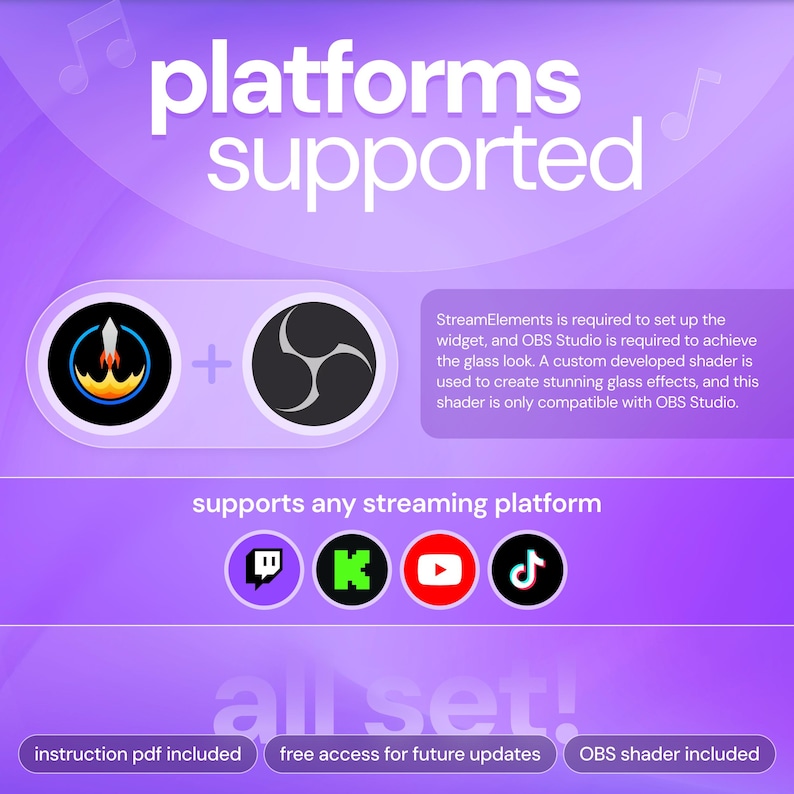 May include: A purple graphic with the words "platforms supported" in white. The image shows logos for StreamElements and OBS Studio, along with logos for Twitch, Kick, YouTube, and TikTok. Text states "supports any streaming platform."