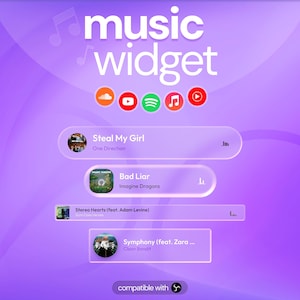 May include: A digital music widget interface with a purple gradient background. The text "music widget" is at the top. Song titles and artists are displayed in transparent rectangles. Compatible with various music platforms, indicated by their logos.