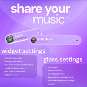 May include: A purple graphic with the text "share your music". It features two music player widgets displaying song titles and artist names. Below are widget and glass settings with checkmarks.