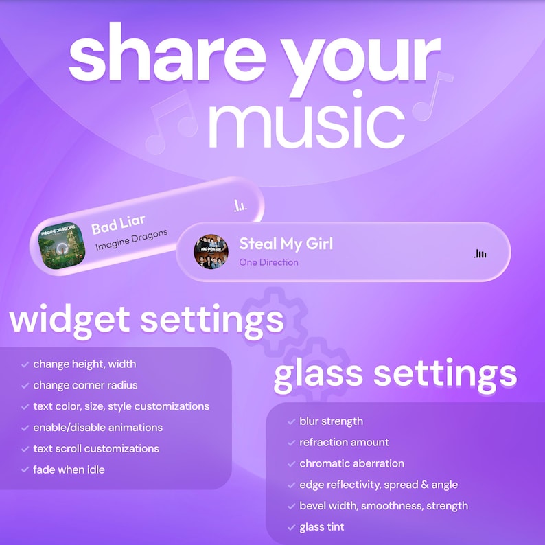 May include: A purple graphic with the text "share your music". It features two music player widgets displaying song titles and artist names. Below are widget and glass settings with checkmarks.