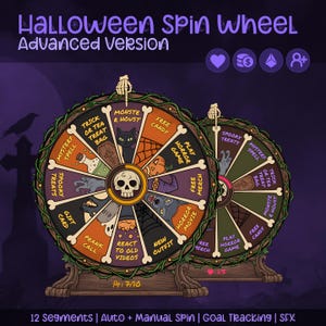 Può includere: Una ruota della fortuna di Halloween versione avanzata con 12 segmenti decorati con illustrazioni spettrali come un gatto nero, una zucca e un teschio. La ruota è incorniciata da rampicanti e sormontata da un puntatore a forma di mano di scheletro.