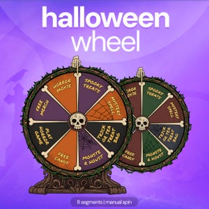 May include: A Halloween wheel graphic with the text "halloween wheel" at the top and "8 segments | manual spin" at the bottom. The wheel features eight segments with labels like "horror movie," "spooky treats," and "free candy," accented by a skull center and a skeleton hand pointer.