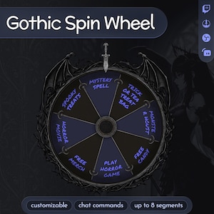 May include: A gothic-style spin wheel with the text "Gothic Spin Wheel" at the top. The wheel has segments with phrases such as "Spooky Treats," "Mystery Spell," and "Free Candy." The wheel is decorated with bat wings and a sword.