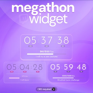 Puede incluir: Un gráfico púrpura con el texto "megathon widget" y tres temporizadores digitales que muestran el tiempo en horas, minutos y segundos. Cada temporizador tiene un objetivo diferente, como "Probaré un nuevo disfraz" o "Bailaré."