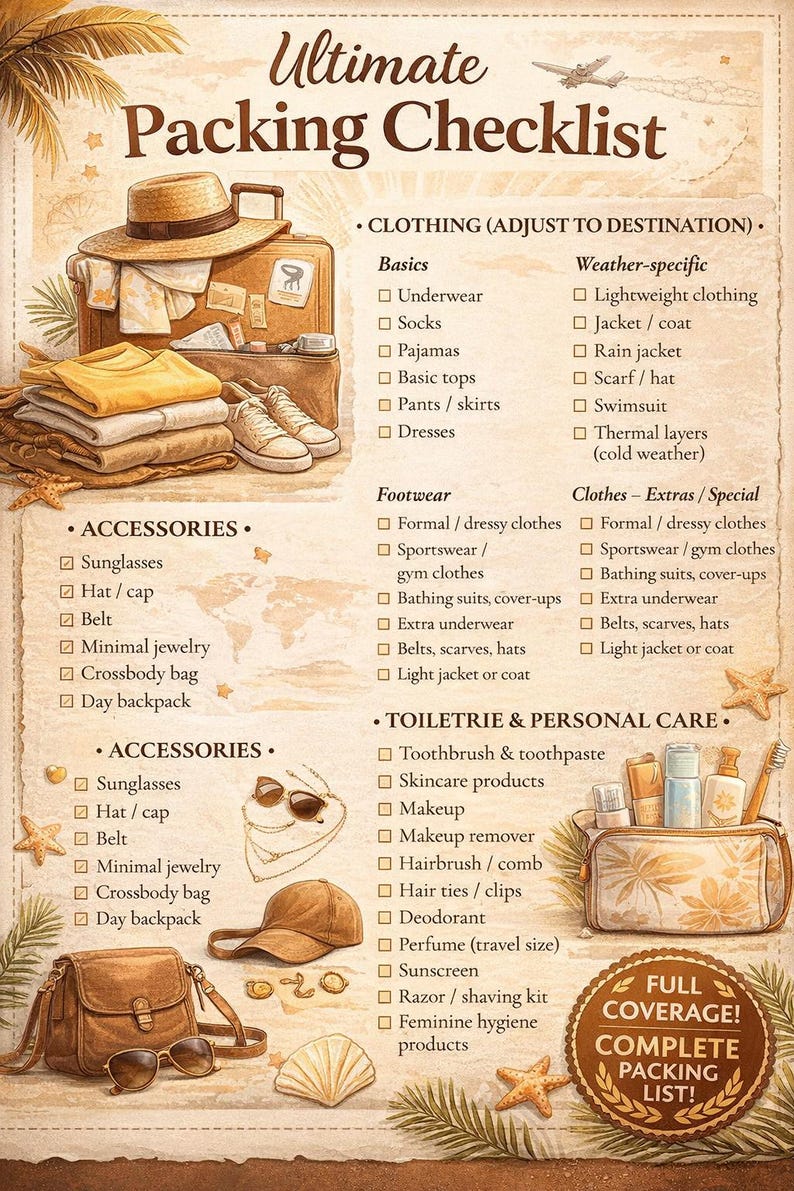Minimalist Travel Packing Checklist | Printable PDF Planner - Etsy
