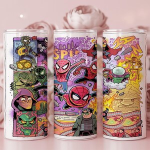 May include: Three white, cylindrical tumblers with colourful illustrations of Spider-Man characters. The designs feature various villains and Spider-Man in action poses, with comic book style graphics. The tumblers are decorated with the text "Spider-Man" and "With great power comes great responsibility."