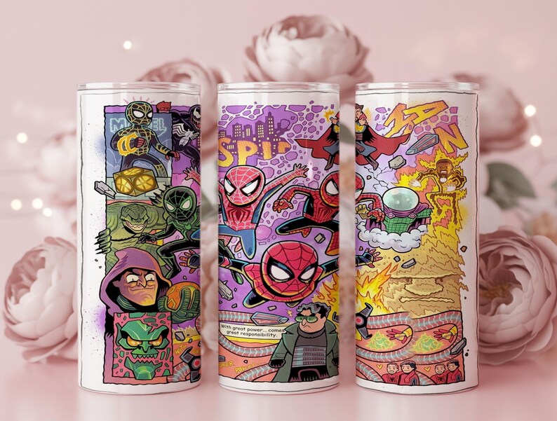 May include: Three white, cylindrical tumblers with colourful illustrations of Spider-Man characters. The designs feature various villains and Spider-Man in action poses, with comic book style graphics. The tumblers are decorated with the text "Spider-Man" and "With great power comes great responsibility."