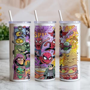 May include: Three white insulated tumblers with comic book-style illustrations of Spider-Man and villains. Each tumbler has a white straw. The designs feature vibrant colours and the words "SPIDER-MAN".