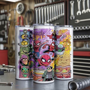 May include: Three stainless steel tumblers with colourful comic book-style illustrations of Spider-Man and related characters. The tumblers are cylindrical and feature a white background with vibrant graphics, including the word "Spider-Man".