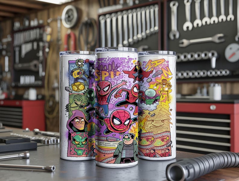 May include: Three stainless steel tumblers with colourful comic book-style illustrations of Spider-Man and related characters. The tumblers are cylindrical and feature a white background with vibrant graphics, including the word "Spider-Man".