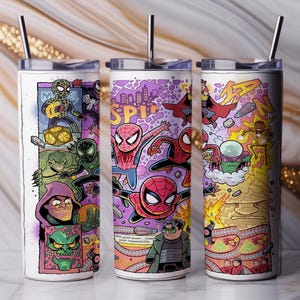 May include: Three white insulated tumblers with stainless steel straws. Each tumbler features a colourful comic book-style illustration of Spider-Man and his villains. The designs include various characters and the word "SPIDER-MAN".