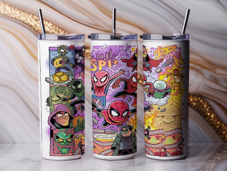 May include: Three white insulated tumblers with stainless steel straws. Each tumbler features a colourful comic book-style illustration of Spider-Man and his villains. The designs include various characters and the word "SPIDER-MAN".