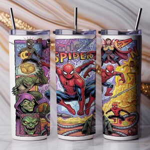 May include: Three cylindrical tumblers with lids and metal straws, featuring a colorful comic book graphic print. The design displays various characters including Spider-Man, Doctor Strange, Green Goblin, and Lizard, with the text SPIDER and MARVEL.