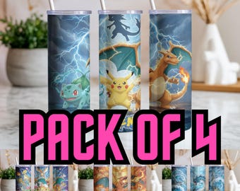 Pack Of 4 Cartoon Pikachu Tumbler Wrap PNG | 20oz Design for Sublimation ,Digital Download